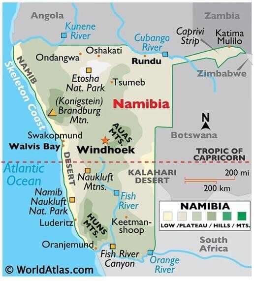 Map of Namibia showing main towns