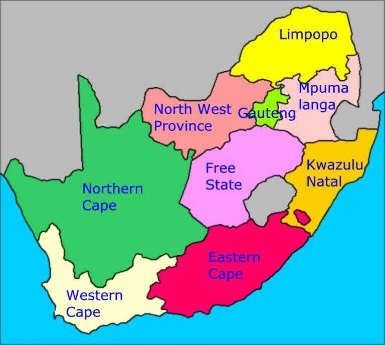 Map of South Africa showing the provinces