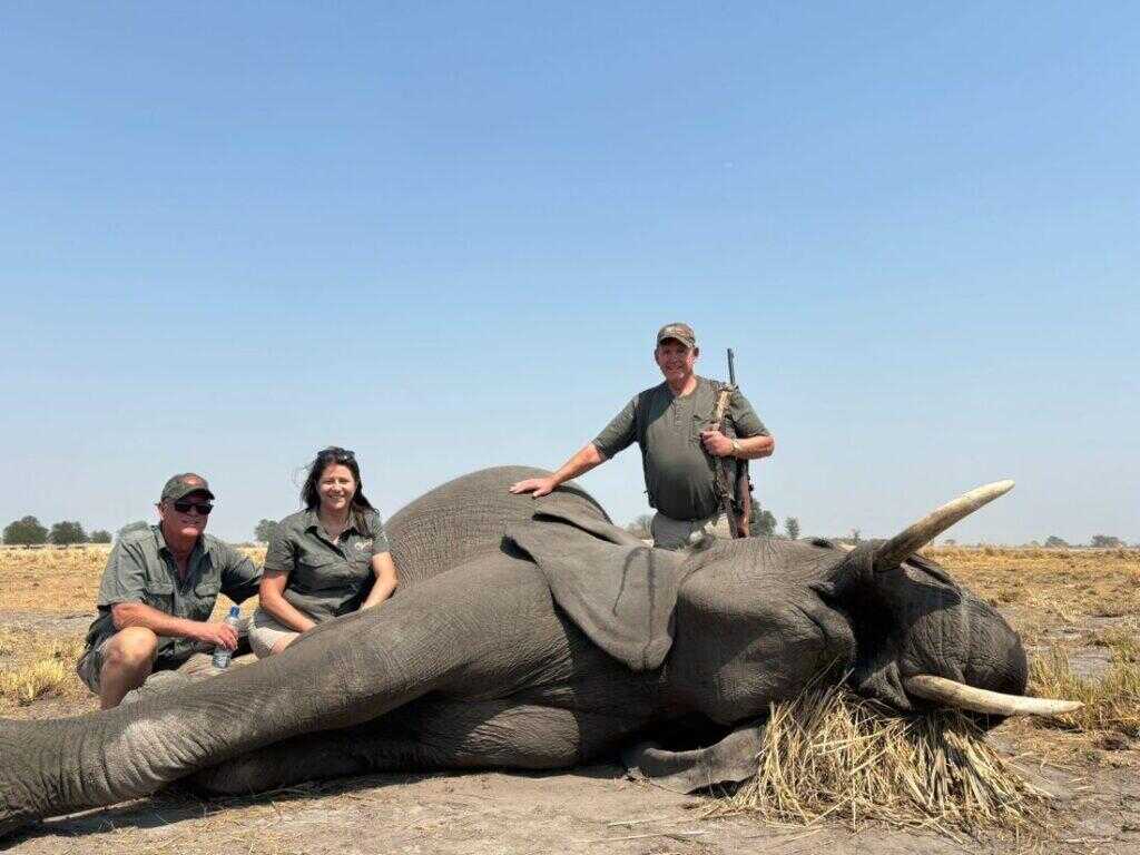 Three people posing next to an elephant that has just been shot.